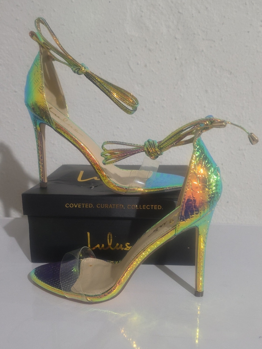 LuLus Ledah Iridescent Ankle-Tie Stiletto Sandals - Women